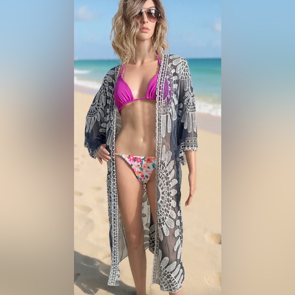 Rebellion Blue & White Long Lace Kimono Style Beach Cover-Up Lightweight Size M